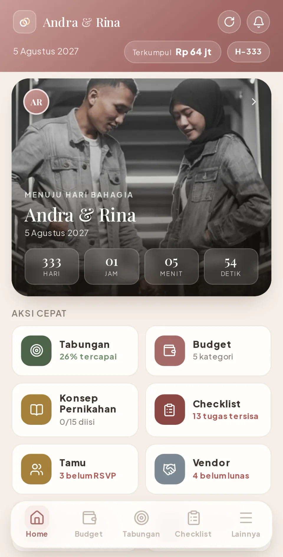 Layar Home menampilkan ringkasan progres dan akses cepat semua fitur