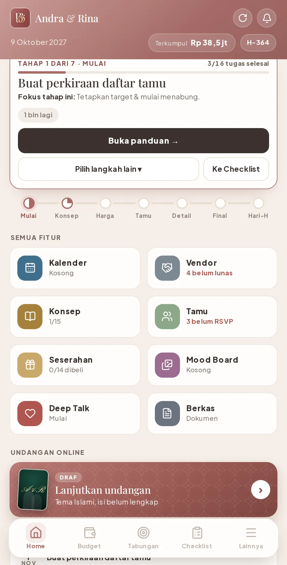 Layar Home menampilkan langkah berikutnya dengan bar progres, tombol pilih langkah lain, peta 7 tahap, dan daftar fitur